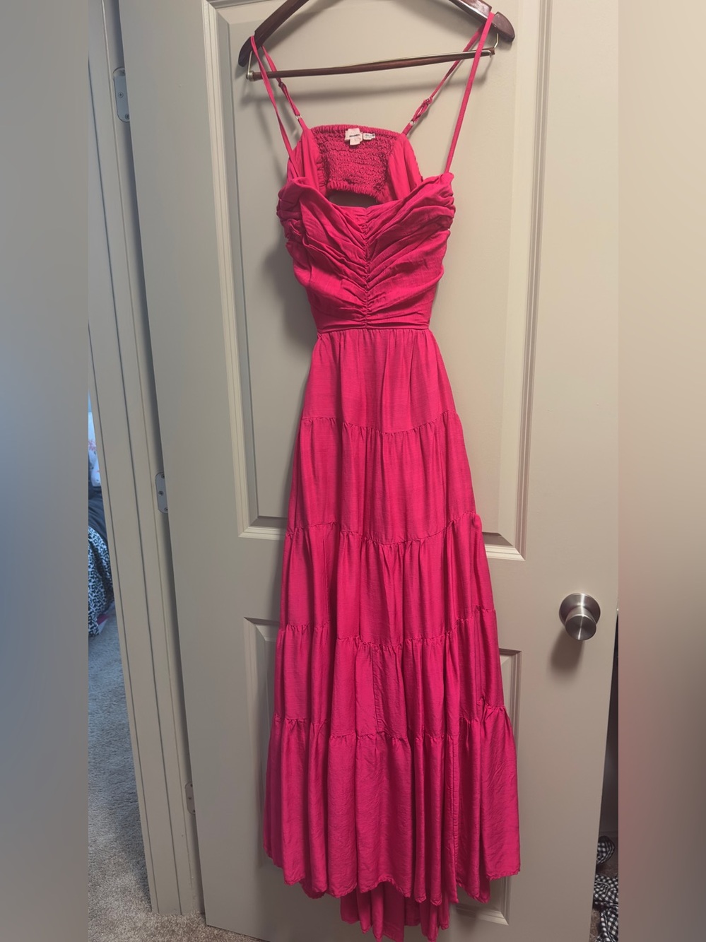 Bright Pink Ruched Bodice Tiered Maxi Dress with Spaghetti Straps